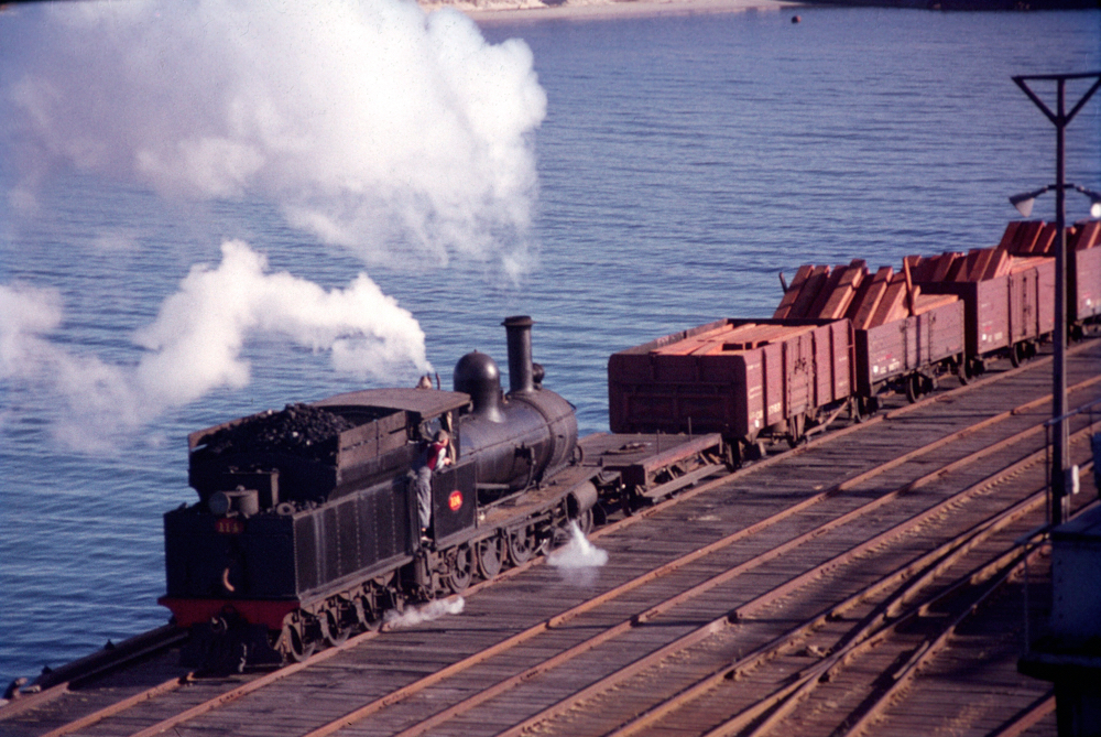 Shunting jarrahwood sleepers on the wharf at Bunbury.
